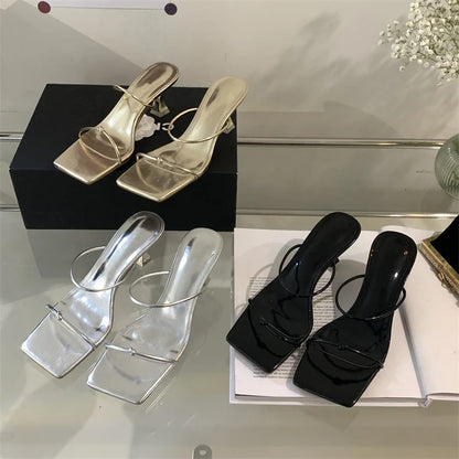 Summer Narrow Band Slipper Fashion Square Toe Slip On Elegant Gladiator Sandal Shoes Low Heel Pumps