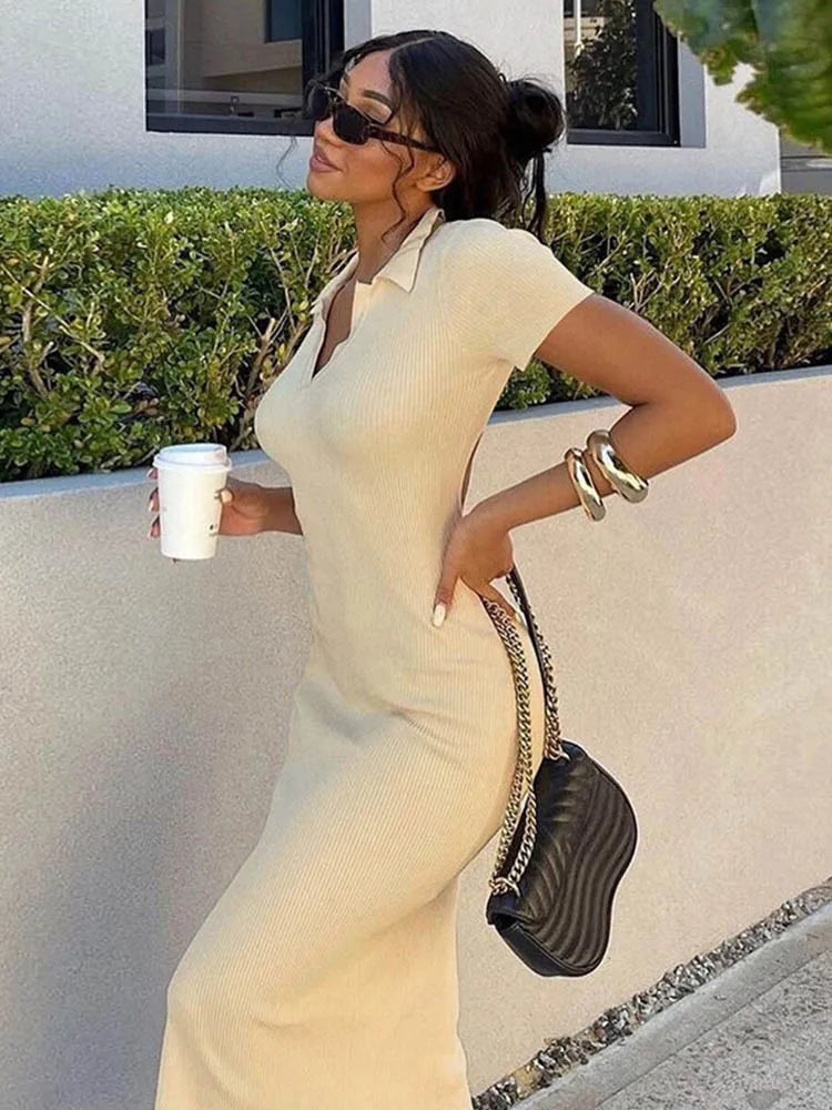 Knitted Backless Short Sleeve Midi Dress