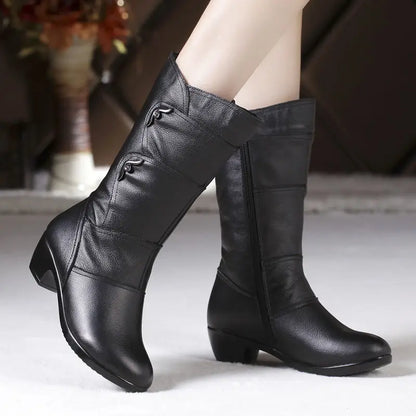 Fashion Black Middle Korean Low Heel Solid Fleece Warm Anti Skid Ankle Boot