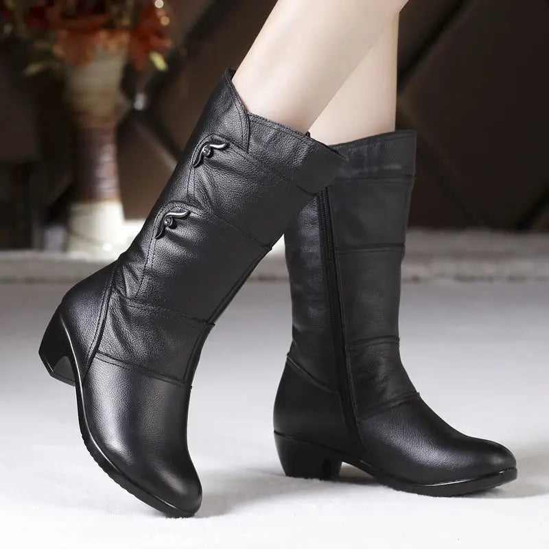 Fashion Black Middle Korean Low Heel Solid Fleece Warm Anti Skid Ankle Boot