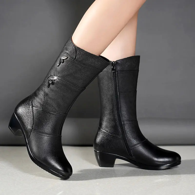 Fashion Black Middle Korean Low Heel Solid Fleece Warm Anti Skid Ankle Boot