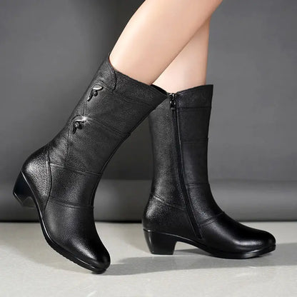 Fashion Black Middle Korean Low Heel Solid Fleece Warm Anti Skid Ankle Boot
