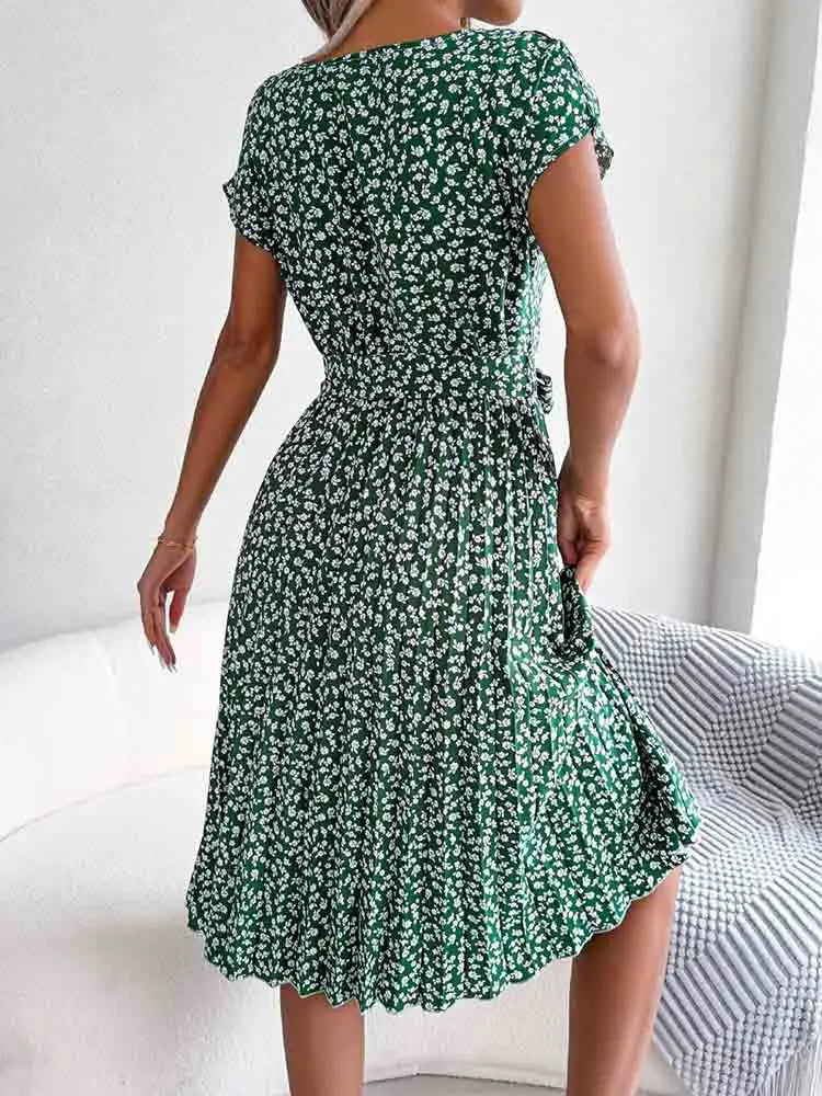 Pleated Floral A-Line Midi Dress