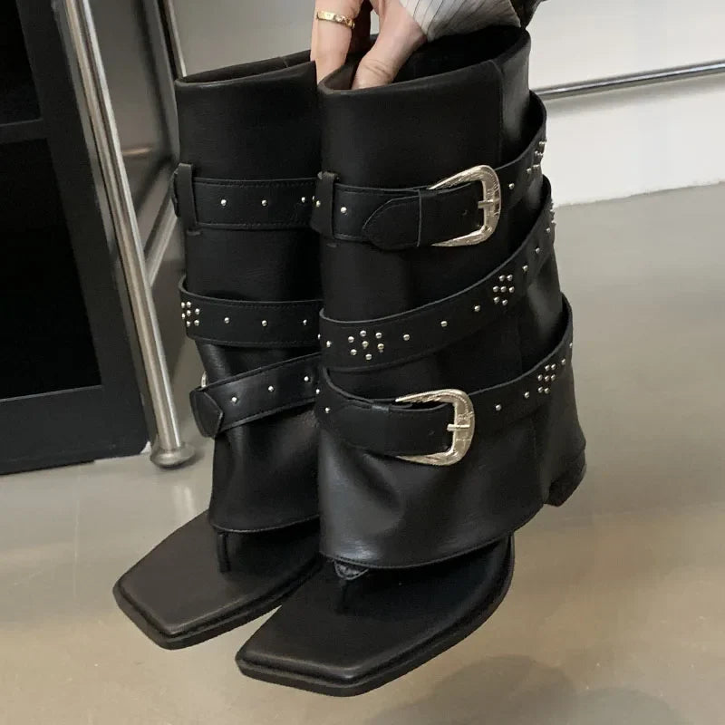 Riveted Chunky Heel Flip Flop Modern Ankle Boot