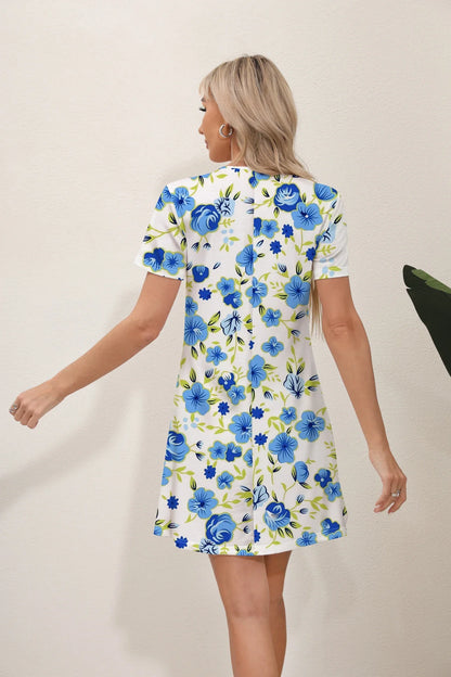 Floral Print Round Neck Slim Midi Dress