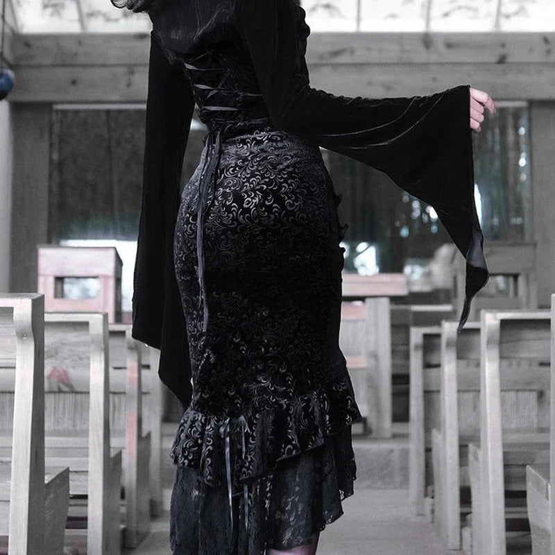 Goth Dark Vintage Mall Gothic Ruffles Mermaid Grunge Aesthetic Lace Hem Midi Women Elegant Skirt
