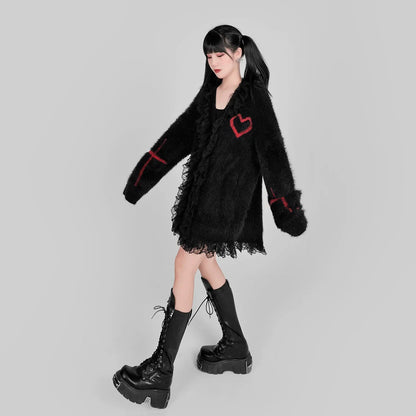 Gothic Black Red V-neck Loose Punk Oversized Cardigan