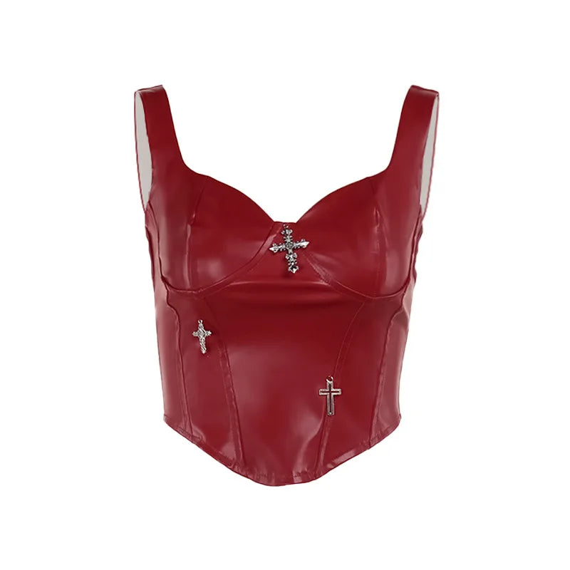 Gothic Grunge Punk Cross Sleeveless Leather Corset Vintage Clubwear Crop Top