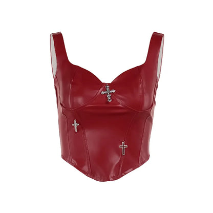 Gothic Grunge Punk Cross Sleeveless Leather Corset Vintage Clubwear Crop Top
