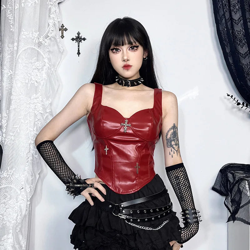Gothic Grunge Punk Cross Sleeveless Leather Corset Vintage Clubwear Crop Top