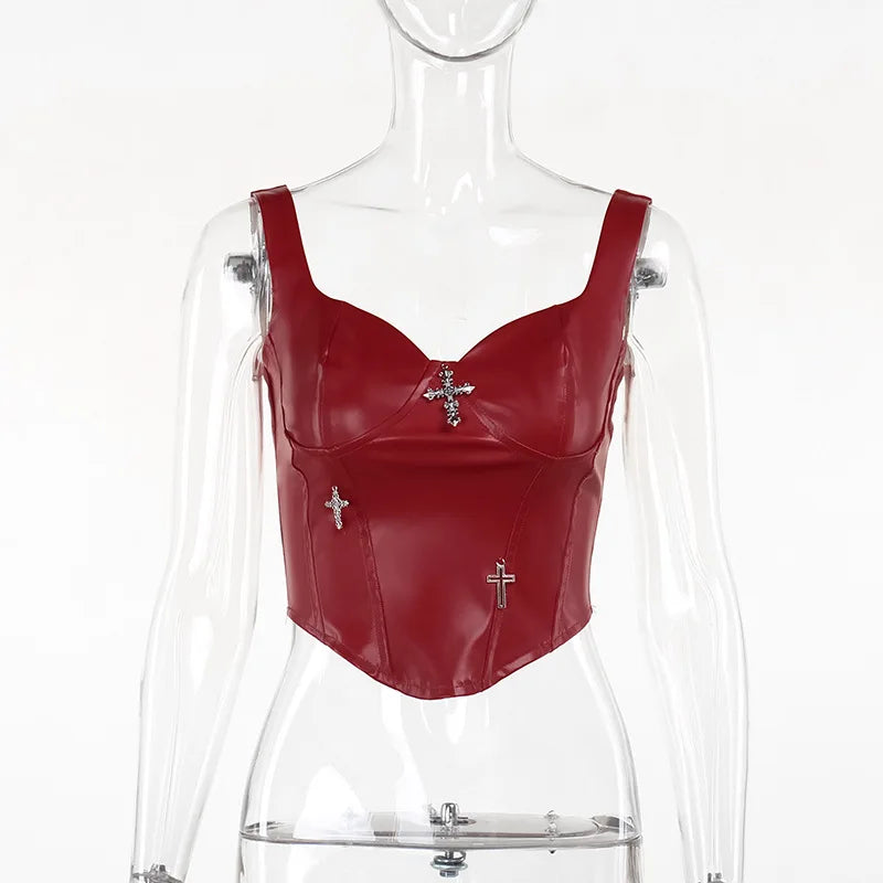 Gothic Grunge Punk Cross Sleeveless Leather Corset Vintage Clubwear Crop Top