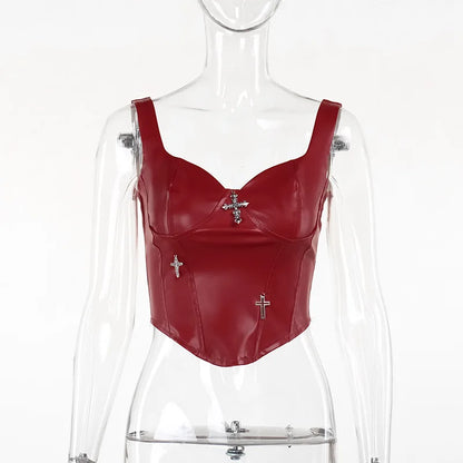 Gothic Grunge Punk Cross Sleeveless Leather Corset Vintage Clubwear Crop Top