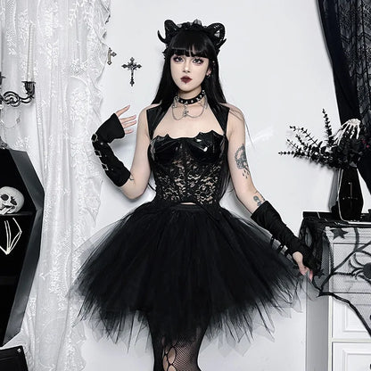 Gothic PU Leather Steampunk Grunge Vintage Lace Mesh Sexy Sleeveless Crop Top