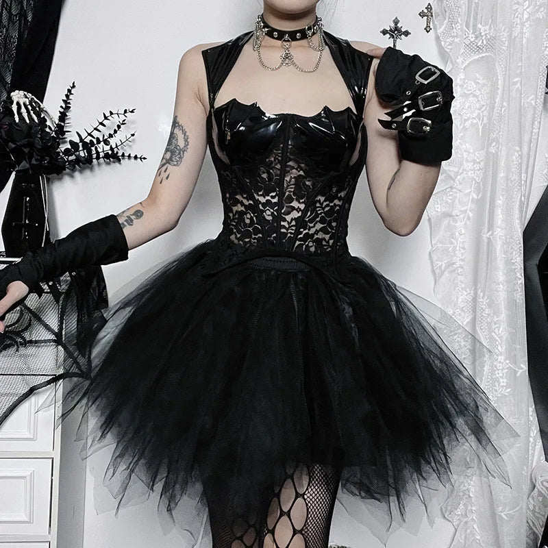 Gothic PU Leather Steampunk Grunge Vintage Lace Mesh Sexy Sleeveless Crop Top