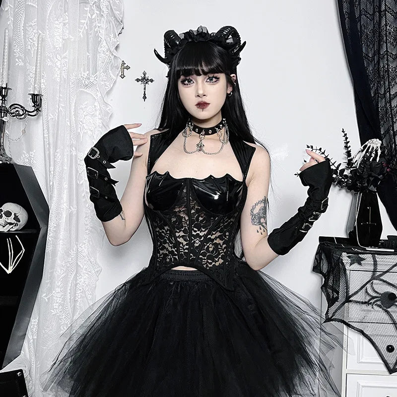 Gothic PU Leather Steampunk Grunge Vintage Lace Mesh Sexy Sleeveless Crop Top