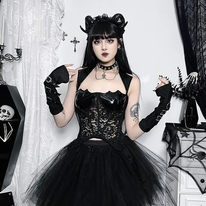 Gothic PU Leather Steampunk Grunge Vintage Lace Mesh Sexy Sleeveless Crop Top