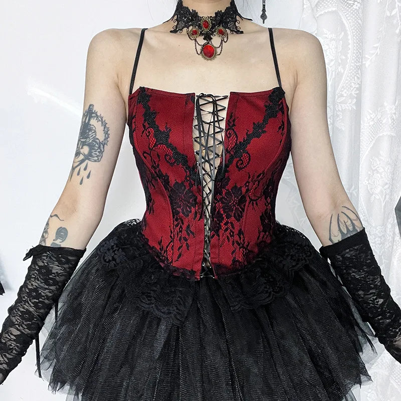 Gothic Vintage Bandage Lace Up Front Slit Hem Sleeveless Sexy Crop Top