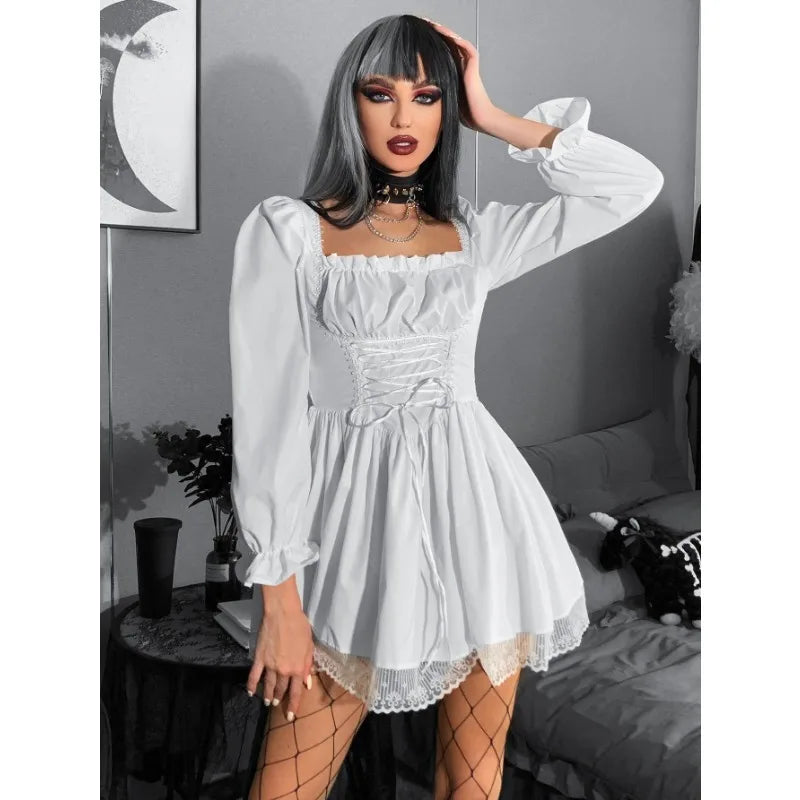 Long Sleeve Lolita Black Puff Sleeve High Waist Vintage Bandage Lace Trim Party Dress