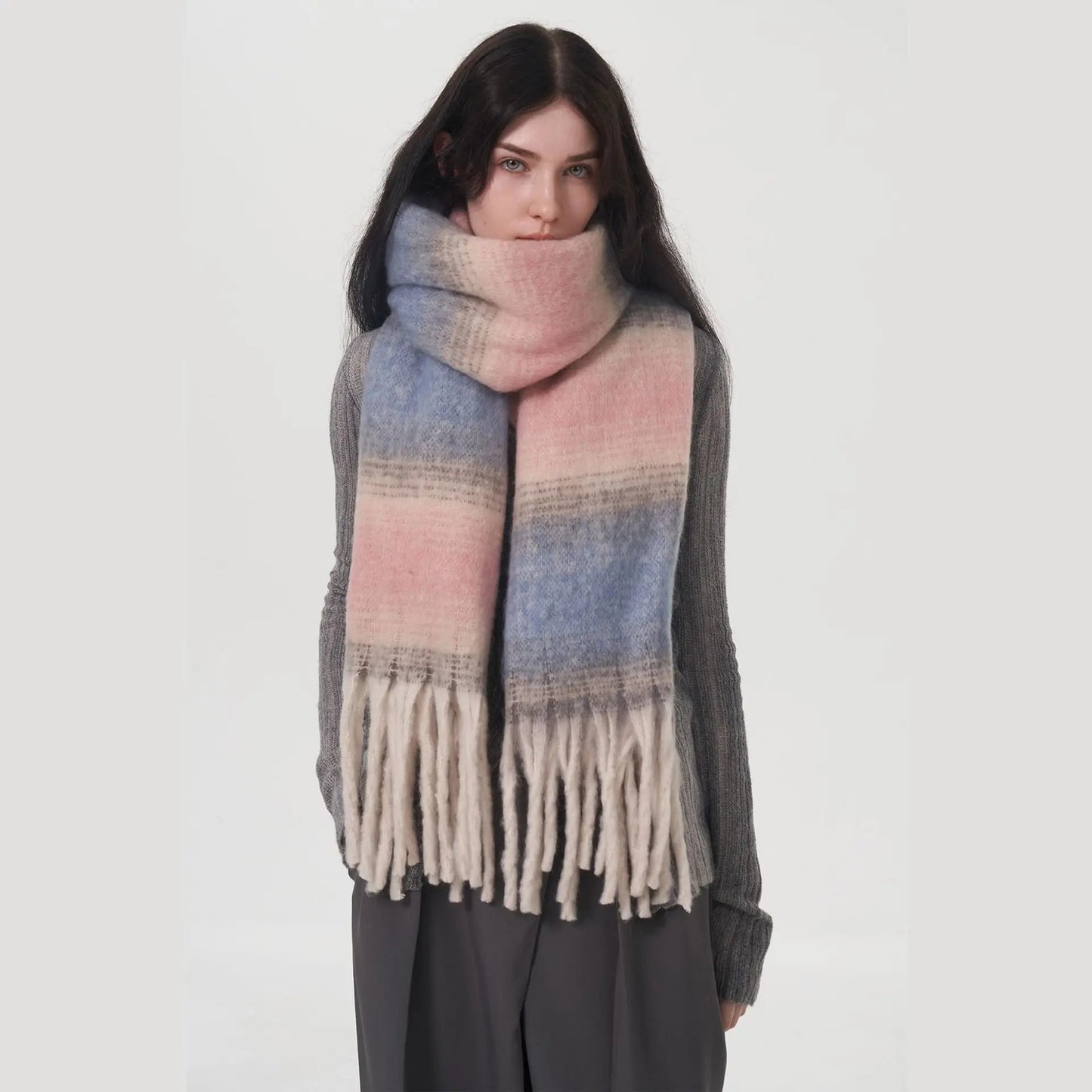 Cashmere Color Block Tassel Muffler Scarf