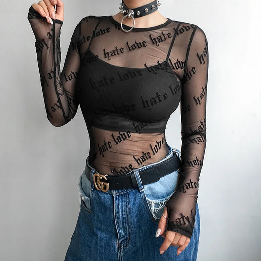 Letter Print Perspective Sheer Top