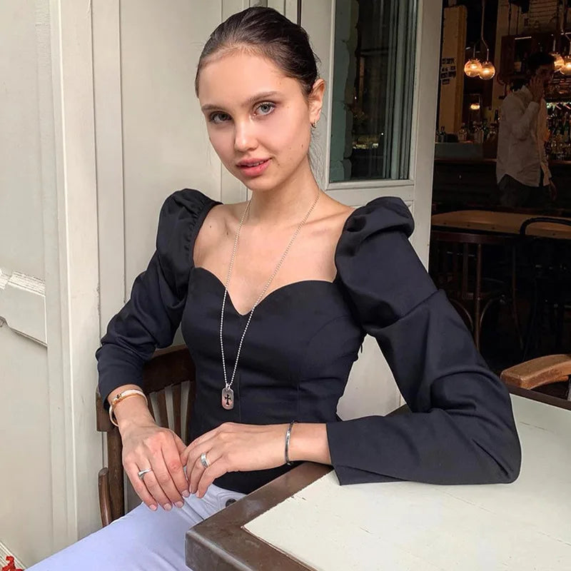 Korean Autumn Puff Sleeve Slim Blouse