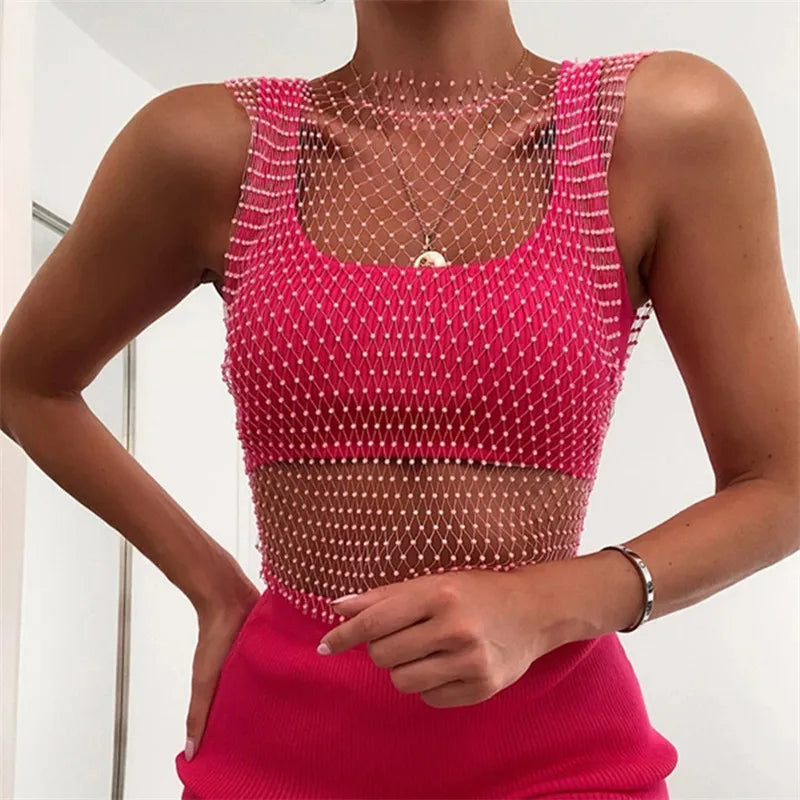 Rhinestone Fishnet Mesh Sheer Top