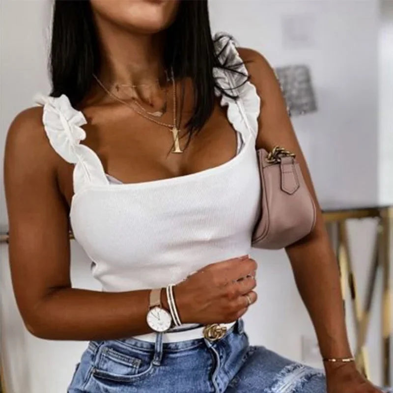 Solid Ribbed Knit Square Collar Casual Slim Cami Top