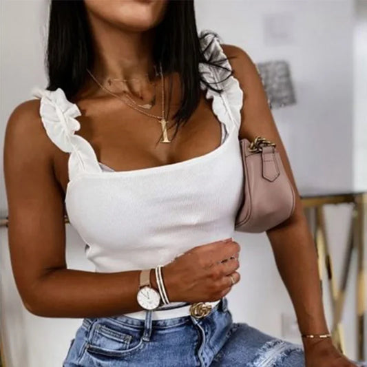 Solid Ribbed Knit Square Collar Casual Slim Cami Top