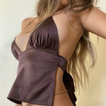 Y2K Spaghetti Strap Satin Silk Backless Deep V Cami Top