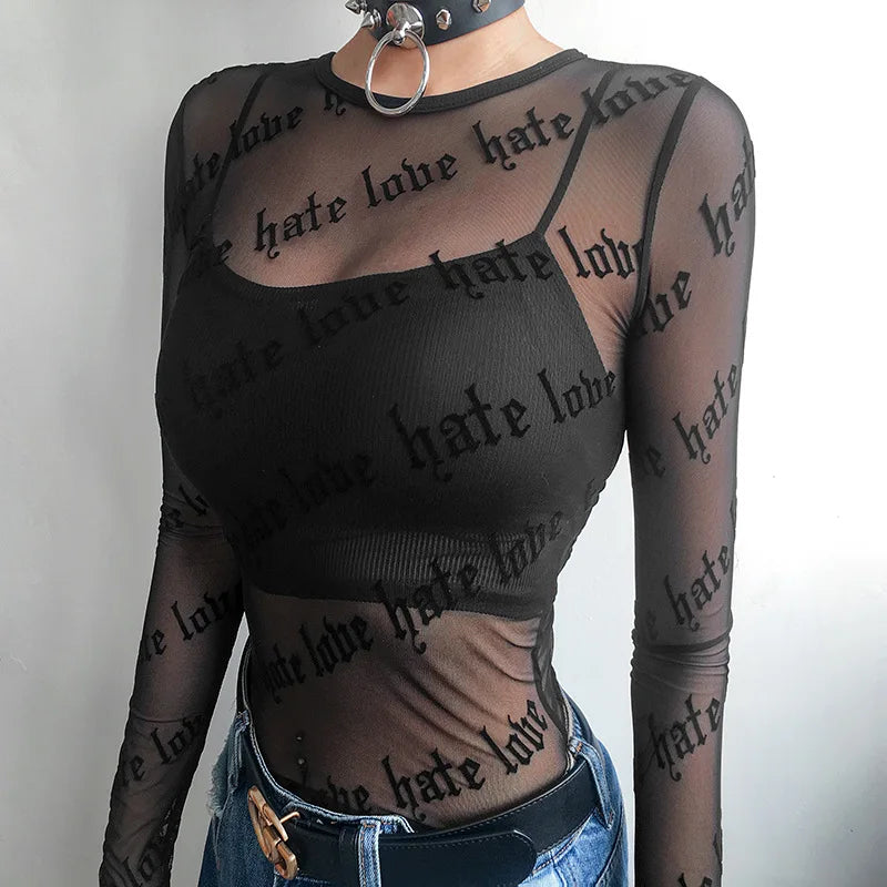 Letter Print Perspective Sheer Top