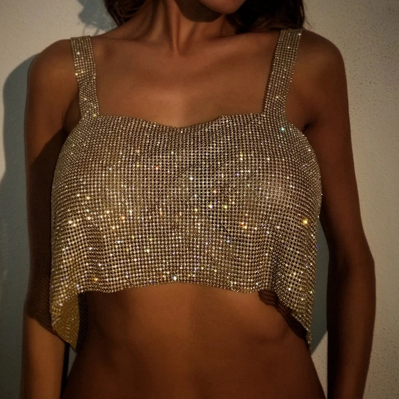 Crystal Silver Glitter Shiny Backless Cami Top