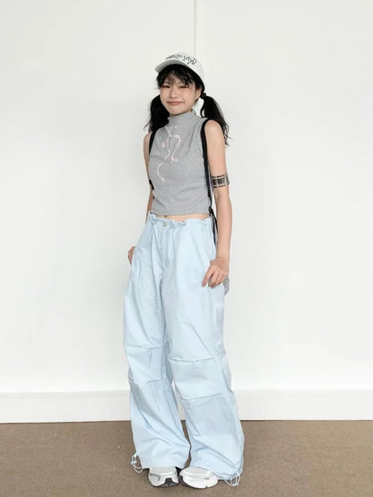 Blue Cargo Parachute Women Hippie Korean Style Oversize Baggy Pant