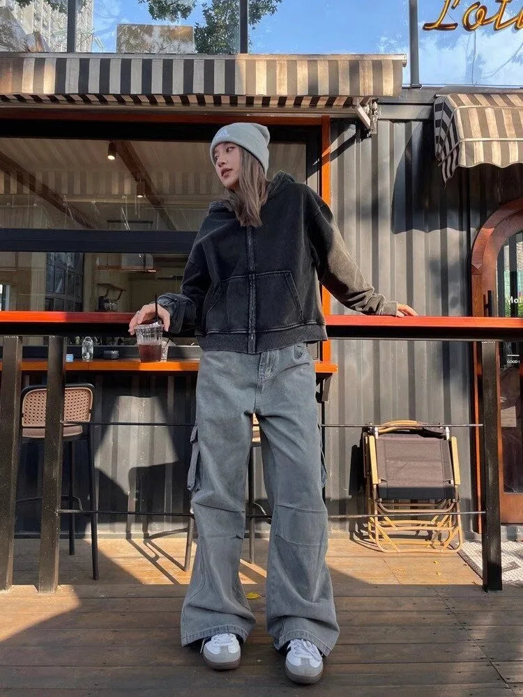 Grunge Gray Cargo Vintage Y2K Oversize Baggy Denim Wide Leg Harajuku Pant