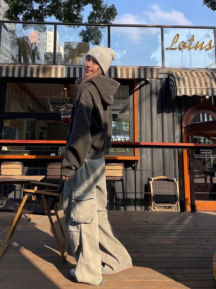 Grunge Gray Cargo Vintage Y2K Oversize Baggy Denim Wide Leg Harajuku Pant