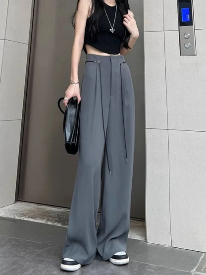 Harajuku Office Lady Basic Grey Wide Leg High Waist Chic Fashion Pant