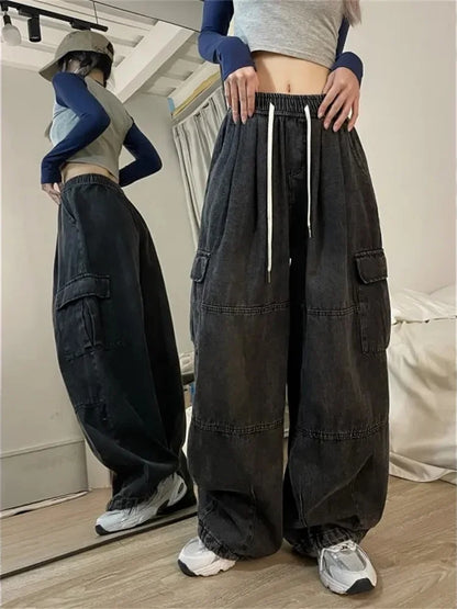 Harajuku Vintage Blue Cargo Oversize Y2K Grunge Black Wide Leg Pant