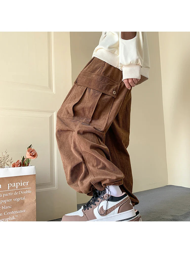 Harajuku Vintage Brown Corduroy Cargo Japanese Style Hip Hop Oversized Baggy Pant