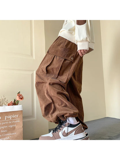 Harajuku Vintage Brown Corduroy Cargo Japanese Style Hip Hop Oversized Baggy Pant