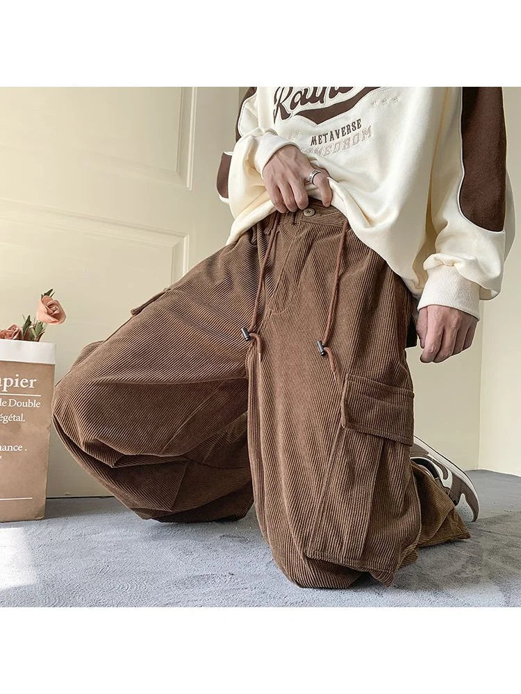 Harajuku Vintage Brown Corduroy Cargo Japanese Style Hip Hop Oversized Baggy Pant