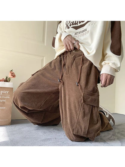 Harajuku Vintage Brown Corduroy Cargo Japanese Style Hip Hop Oversized Baggy Pant