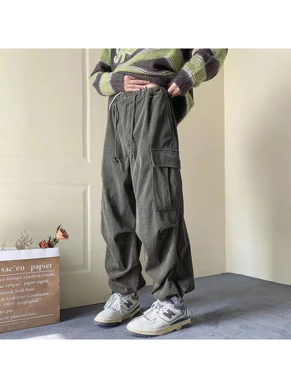 Harajuku Vintage Brown Corduroy Cargo Japanese Style Hip Hop Oversized Baggy Pant