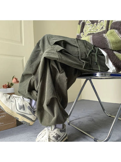 Harajuku Vintage Brown Corduroy Cargo Japanese Style Hip Hop Oversized Baggy Pant