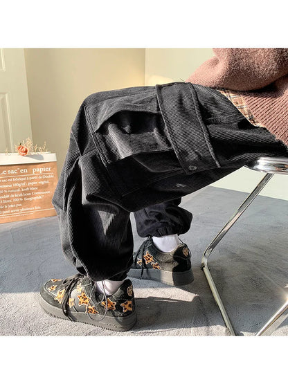 Harajuku Vintage Brown Corduroy Cargo Japanese Style Hip Hop Oversized Baggy Pant