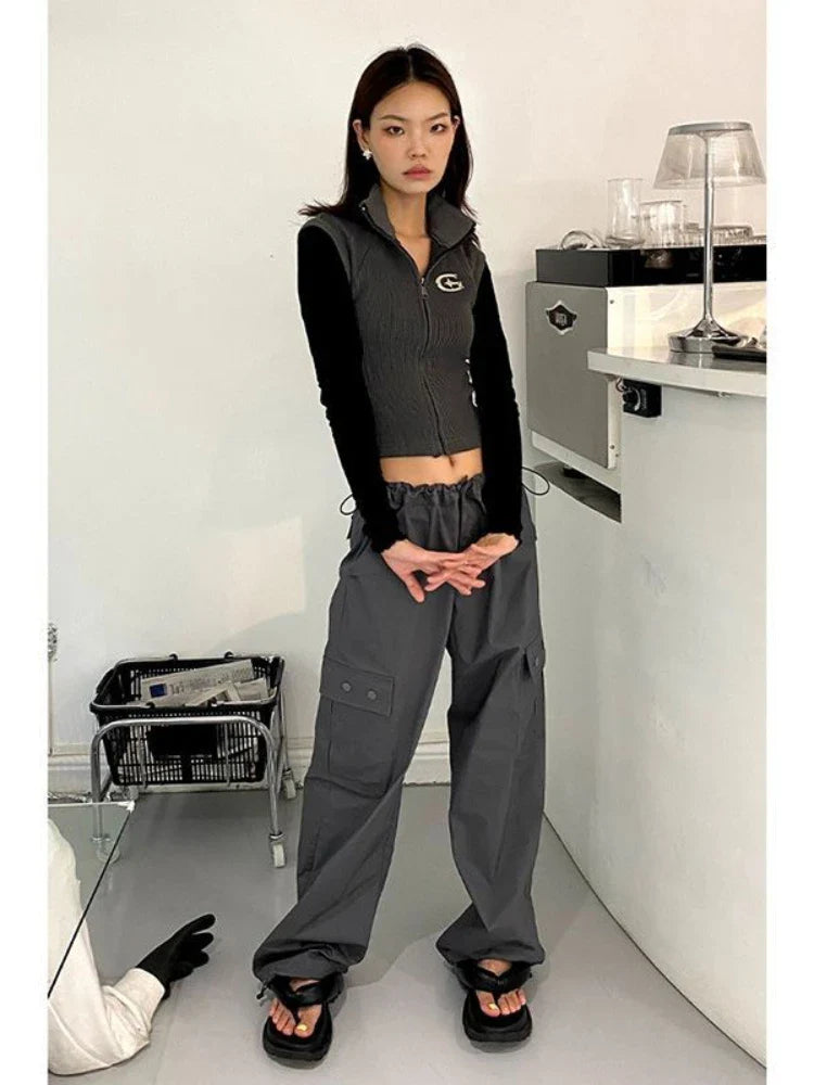 Hippie Vintage Gray Cargo Y2K Streetwear Baggy Techwear Wide Leg Sweatpant