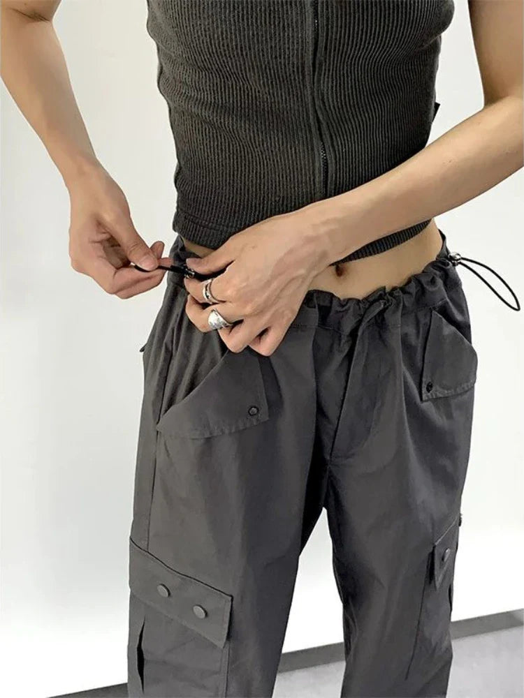 Hippie Vintage Gray Cargo Y2K Streetwear Baggy Techwear Wide Leg Sweatpant