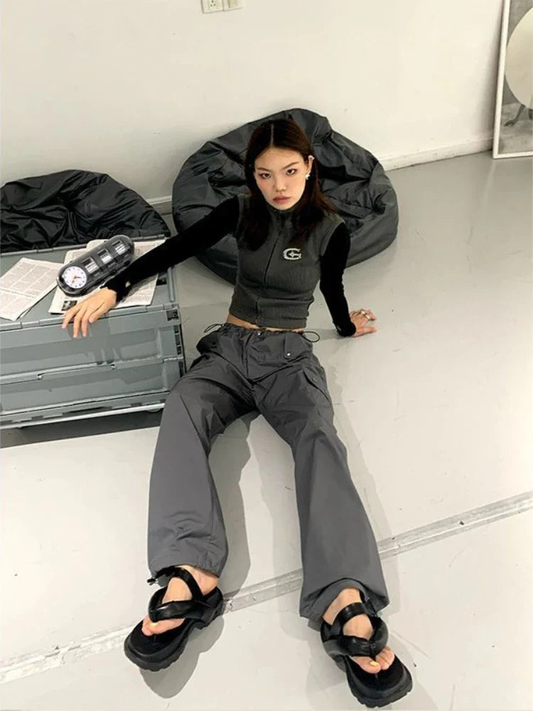 Hippie Vintage Gray Cargo Y2K Streetwear Baggy Techwear Wide Leg Sweatpant