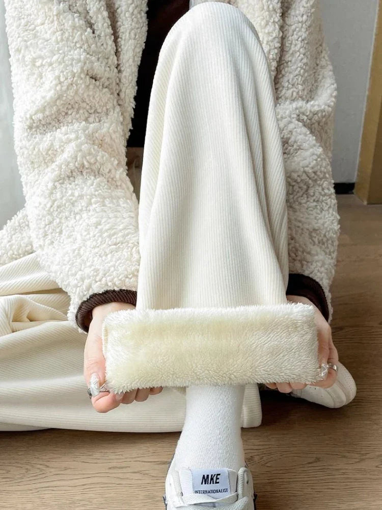 Korean Style Beige Corduroy Winter Black Fleece Warm Oversize Sweatpants Pant