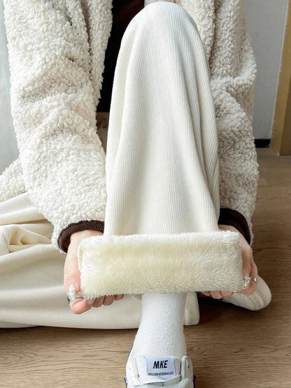 Korean Style Beige Corduroy Winter Black Fleece Warm Oversize Sweatpants Pant