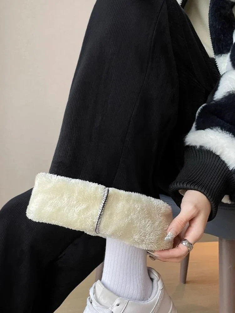 Korean Style Beige Corduroy Winter Black Fleece Warm Oversize Sweatpants Pant
