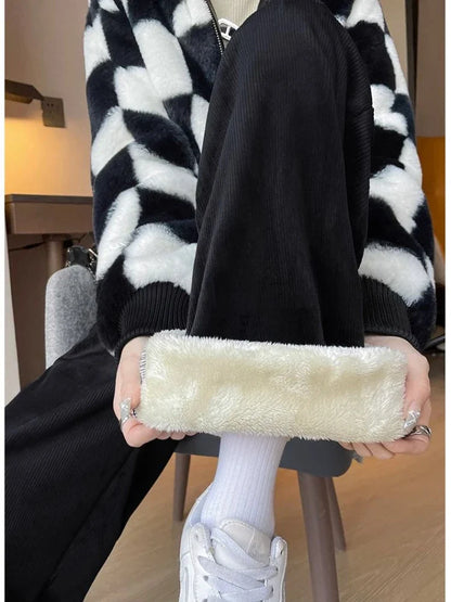 Korean Style Beige Corduroy Winter Black Fleece Warm Oversize Sweatpants Pant